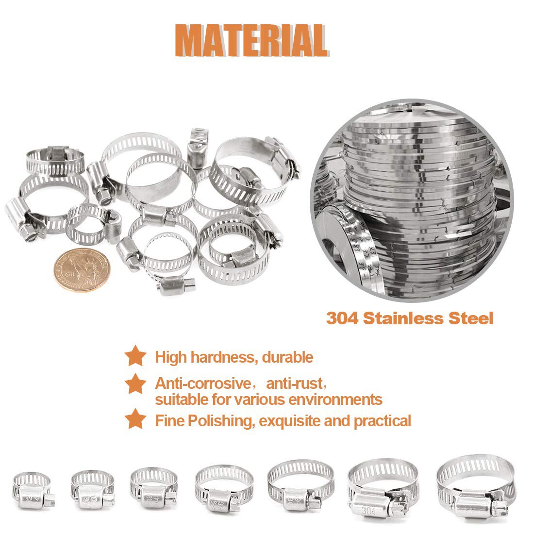 60PCS Boxed Multi-size 304 Stainless Steel Pipe Clamp Clamp Holding American Hose Clamp Combination