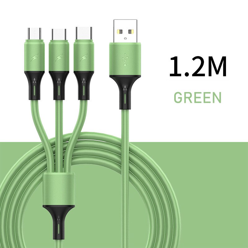 3 in1 2.4A USB Type C Fast Charging Data Cable One For Three Apply To Android Apple Type-C Smartphone 1.2m Nylon Braided Wire: B-GREEN