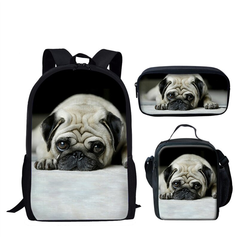 Nopersonality Teenager Girls Pug School BookBag Puppy Bagpack School Bag Print 3Pcs Kids Children Black Backpacks Women Mochilas: L1638CGK
