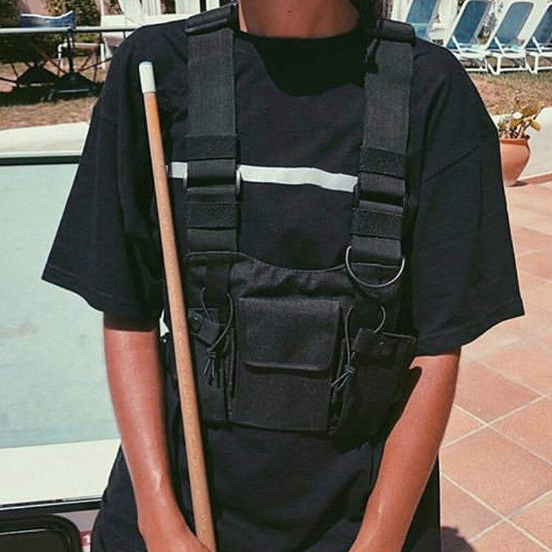 FGGS-Regolabile Nero Della Maglia Hip Hop Streetwear Funzionale Cablaggio Cassa Vita pacchetto della Cassa del Pacchetto di Modo del Sacchetto di Nylon