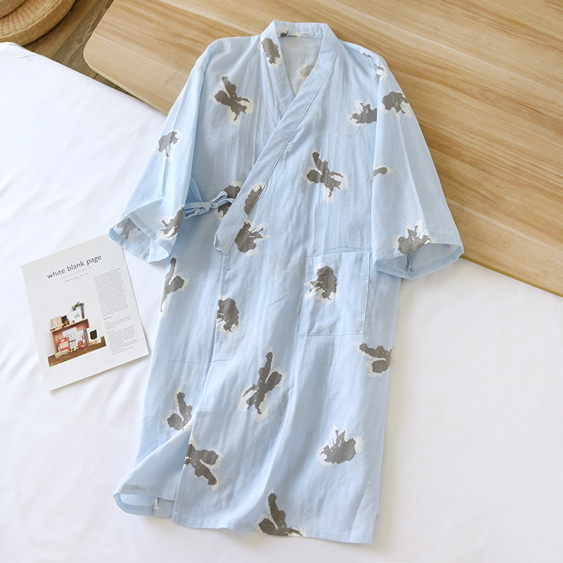 Vår och sommar flerfärgade tryckta kimono-rockar kvinnors tunna snörningskofta badrock bomull hemkläder kvinnor pyjamas: L / Guld-