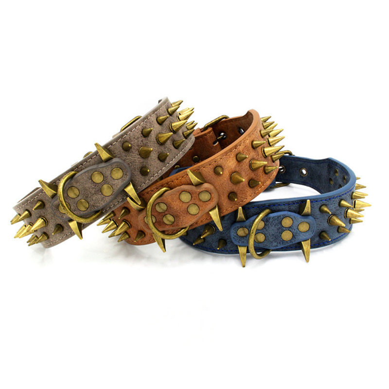 Anti-Bite Neck Large Dog Collar Sharp Nails PU Fashionable Adjustable Collar for Pit Bull Terrier Bully Dog Accessories