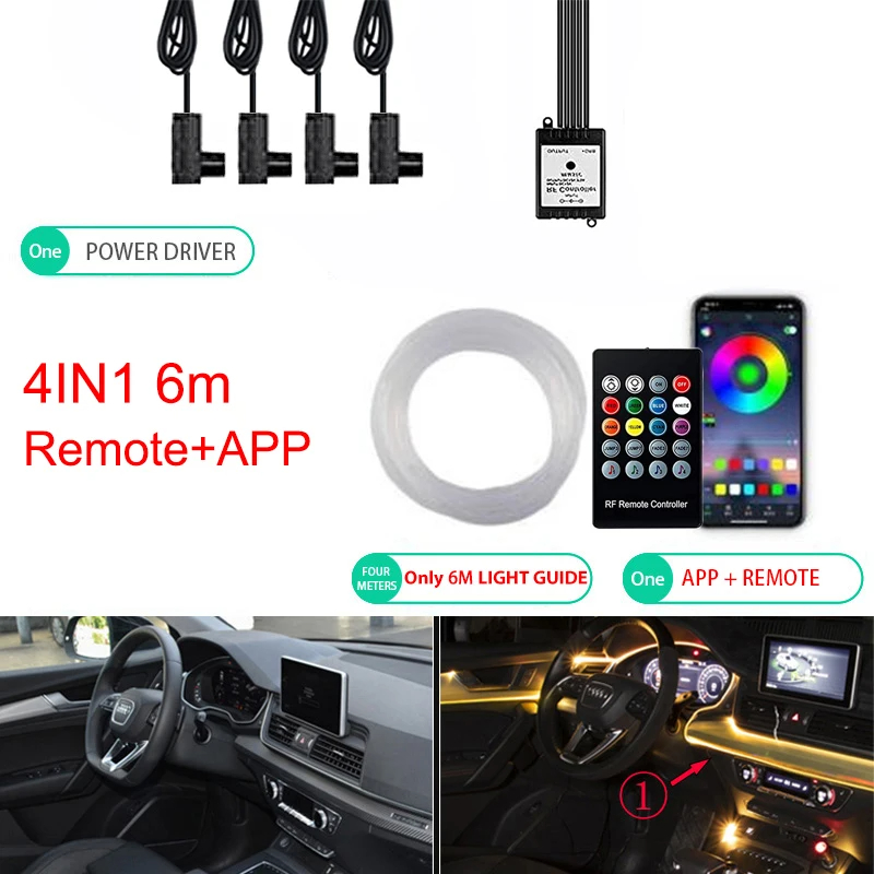 Iluminación LED ambiental de neón para coche, 6 en 1, 8m, RGB, tira de luz Interior de ambiente, Control por aplicación de fibra óptica, Lámpara decorativa LED automática