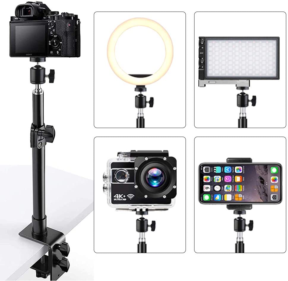Desk Camera Mount Stand with 360 Rotatable Ball Head Tabletop C Clamp Mount for DSLR Camera/Ring Light/Video Light