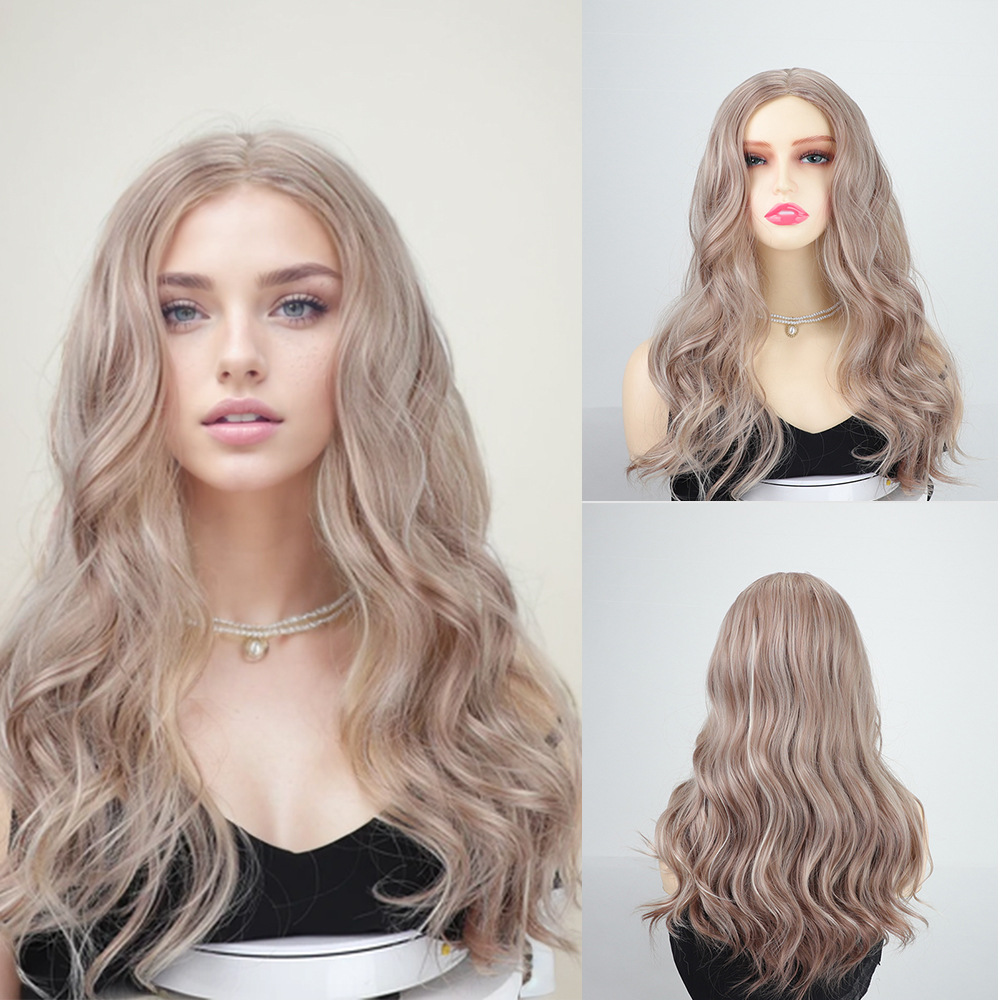 Cheveux synthétiques longs de 26 pouces (environ 70 cm), brun foncé, or rose, brun clair, cheveux bouclés de partie centrale, usage quotidien, fête,