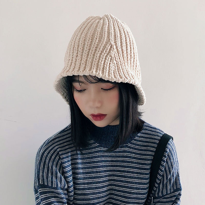 Chenille vissershoed herfst- en wintermuts koreaanse chic opvouwbare gebreide elastische emmerhoed hiphop