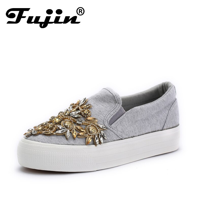 nouvelle toile femmes chaussures décontractées de luxe strass dame chaussures glisser sur chaussures femme femmes chaussures plates gris: 8.5