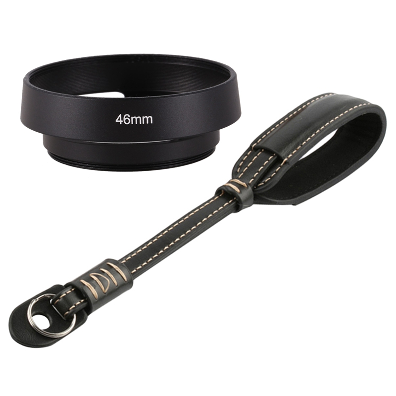 2 Pcs Camera Accessoires: 1 Pcs Zwart 46Mm Metalen Zonnekap &amp; 1 Pcs Camera Strap Pu Lederen Camera Wrist Hand Strap Grip