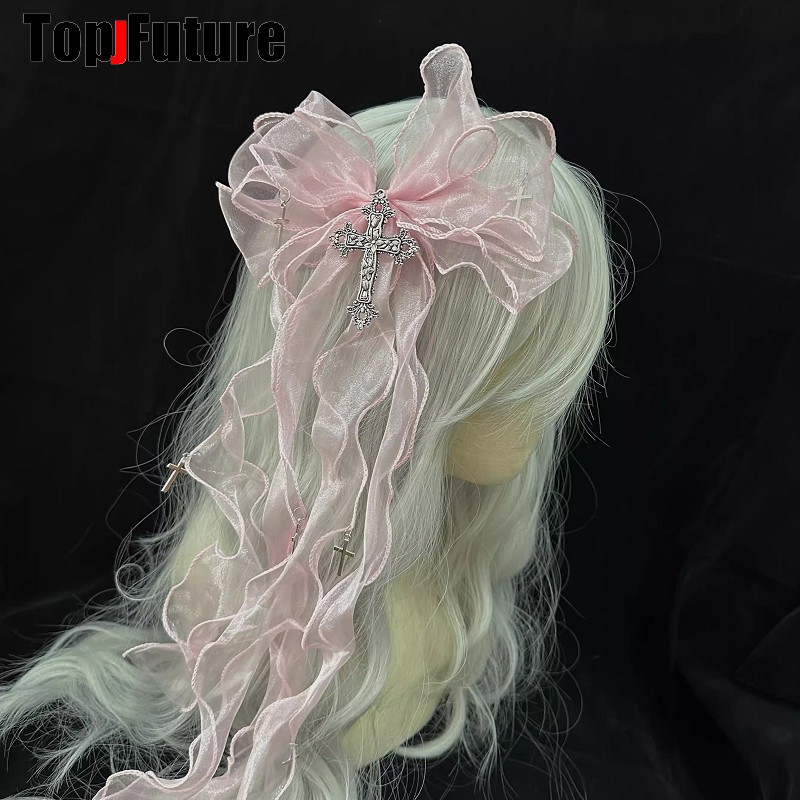 One Hair Clip Y2K girl Harajuku Gothic Lolita Subculture Accessories Lace Bow Ruffle Ribbon Hair clips pins Hairpin Barrettes: Yellow