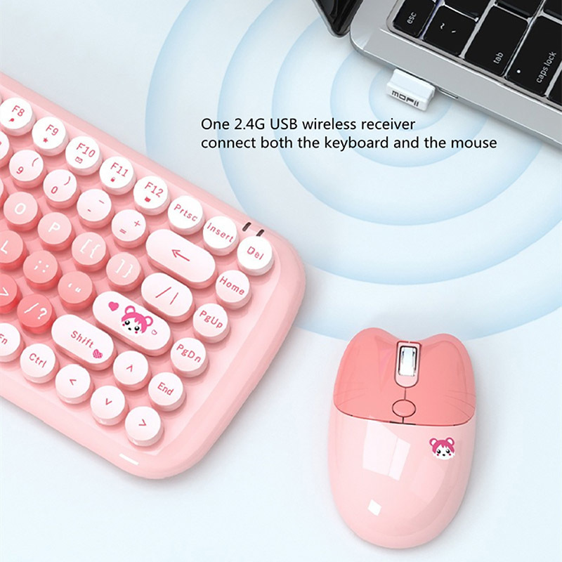 2.4G Wireless Keyboard Mouse Combo 84 Keys Compact Size Colorful Retro Round Keycaps For Laptop/Desktop, Battery Powered