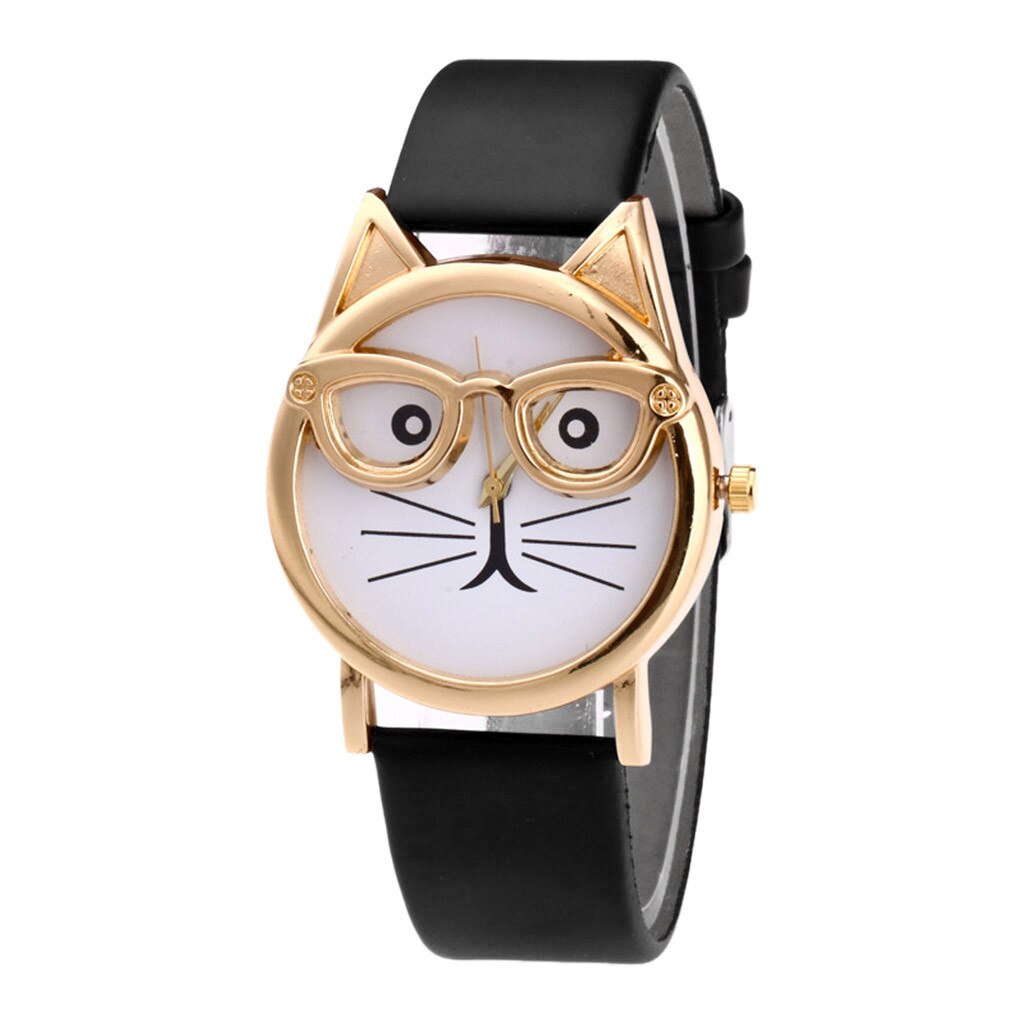 Casual Lovely Cat With Glasses Strap Dial Women's Quartz Watch часы женские horloge dames zegarki damskie: Black 