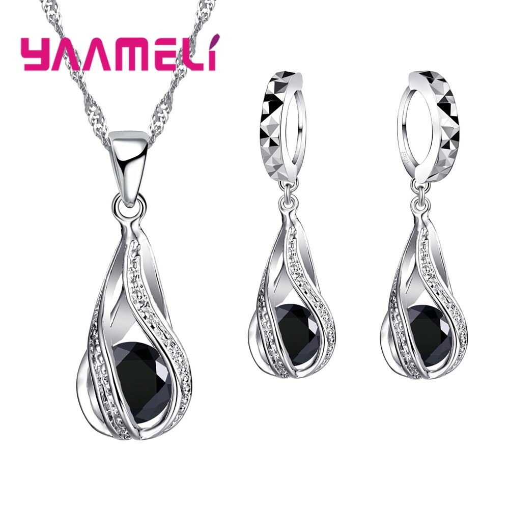 Muliple Colors 925 Sterling Silver Classic Shape Shinning Crystal Jewelry Sets Necklace Pendant Long Earrings Big: black