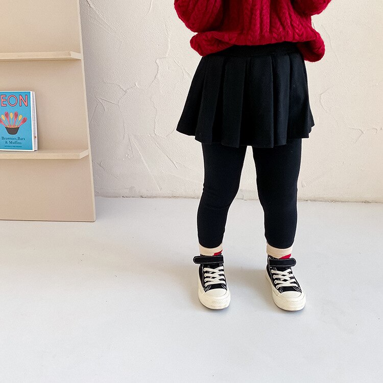 Automne mignon filles couleur unie plissé jupe-culotte bébé fille coton tout-match jupe avec leggings: Black / 3T