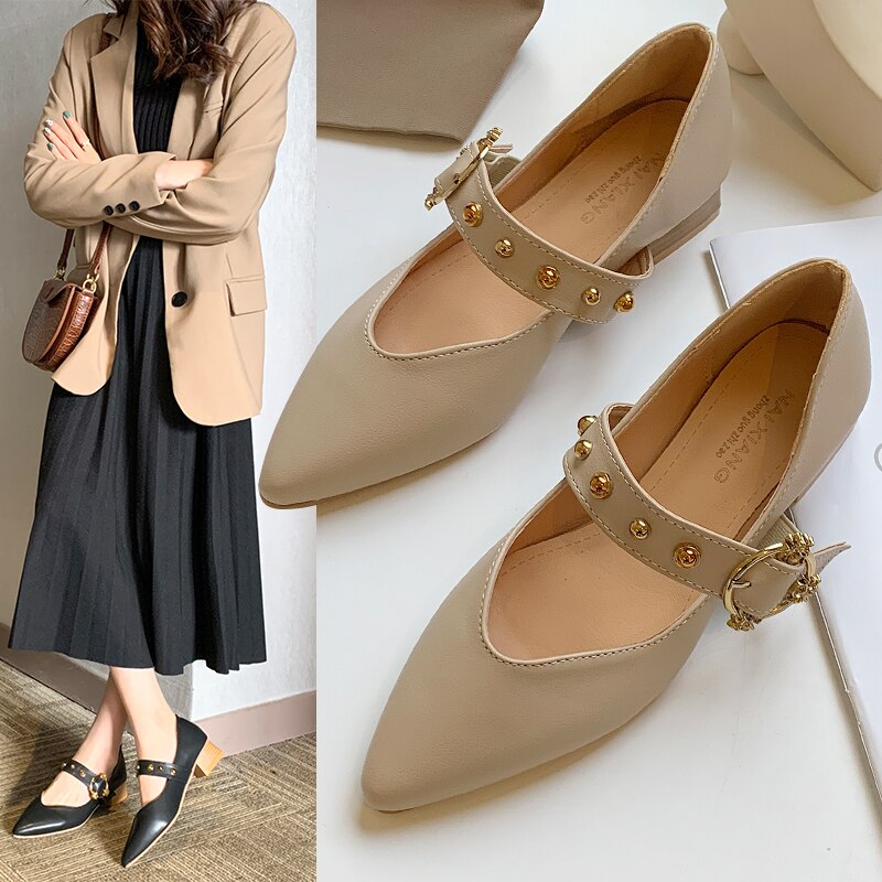 Vårstil kvinnor mary janes skor spetsig tå låga klackar klänning skor nitar pumps kontorsskor zapatos mujer 8013n