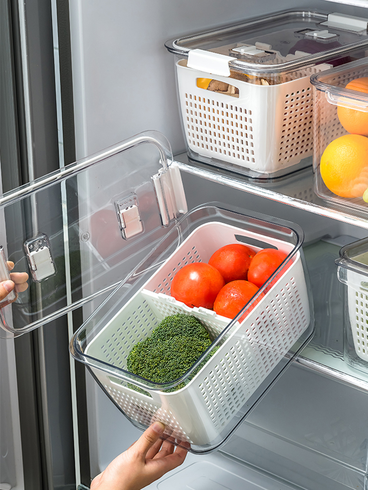 Fridge Storage Box Refrigerator Fresh Vegetable Fruit Boxes Drain Basket Storage Containers With Lid Kitchen Tools Organizer