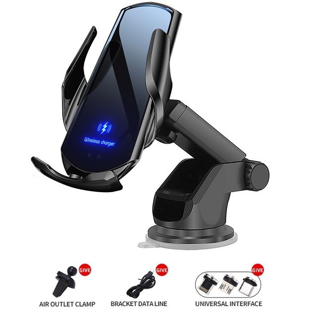 Automatische Montieren 15W Qi Auto Drahtlose Ladegerät für iPhone 12 11 XS XR X 8 Samsung S21 S20 Magnetische USB Schnelle Ladung Telefon Halfter: 2 in 1 Schwarz