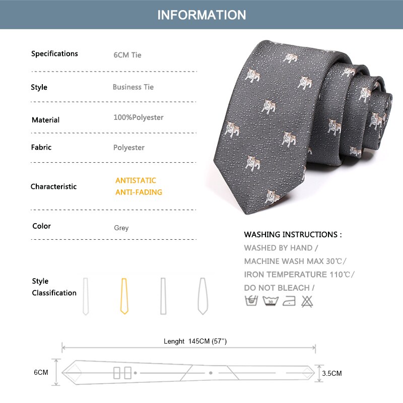 Mærke mænds grå 6cm slips dyrehund print slips til mænd forretningsdragt arbejde hals slips formel slips