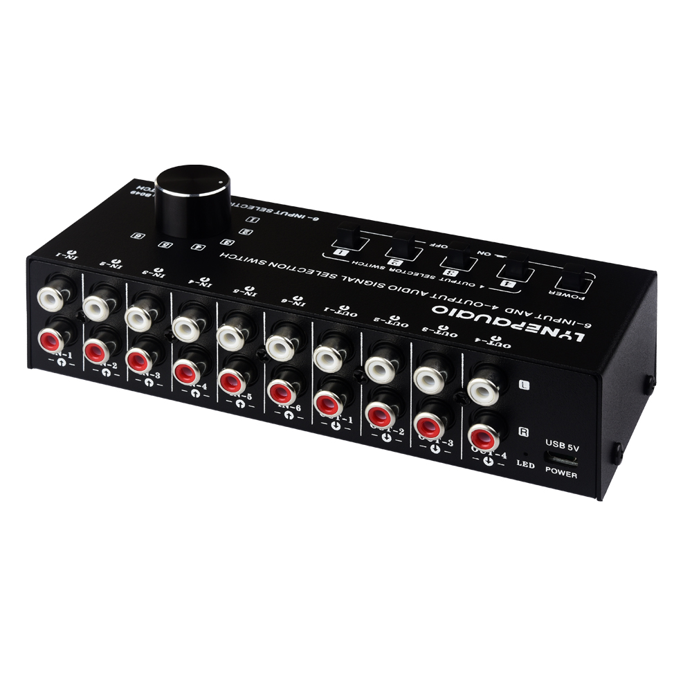 6-in 4-out audio signal selection switcher\audio switcher output switching control can output RCA interface at the same time
