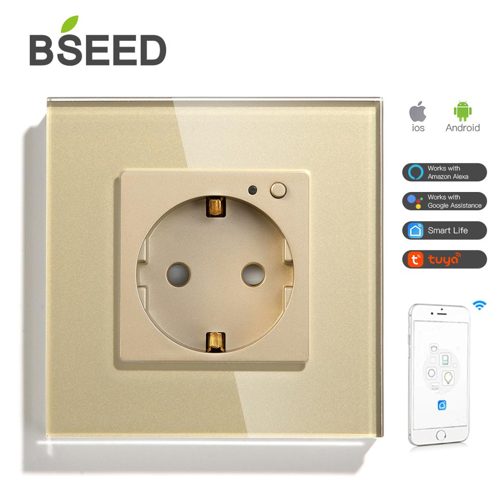 BSEED Single WIFI Power EU Sockets Double Smart Google Alexa Wall Sockets 16A Triple Glass Crystal App Sockets On/Off Switches: Single Socket Golden