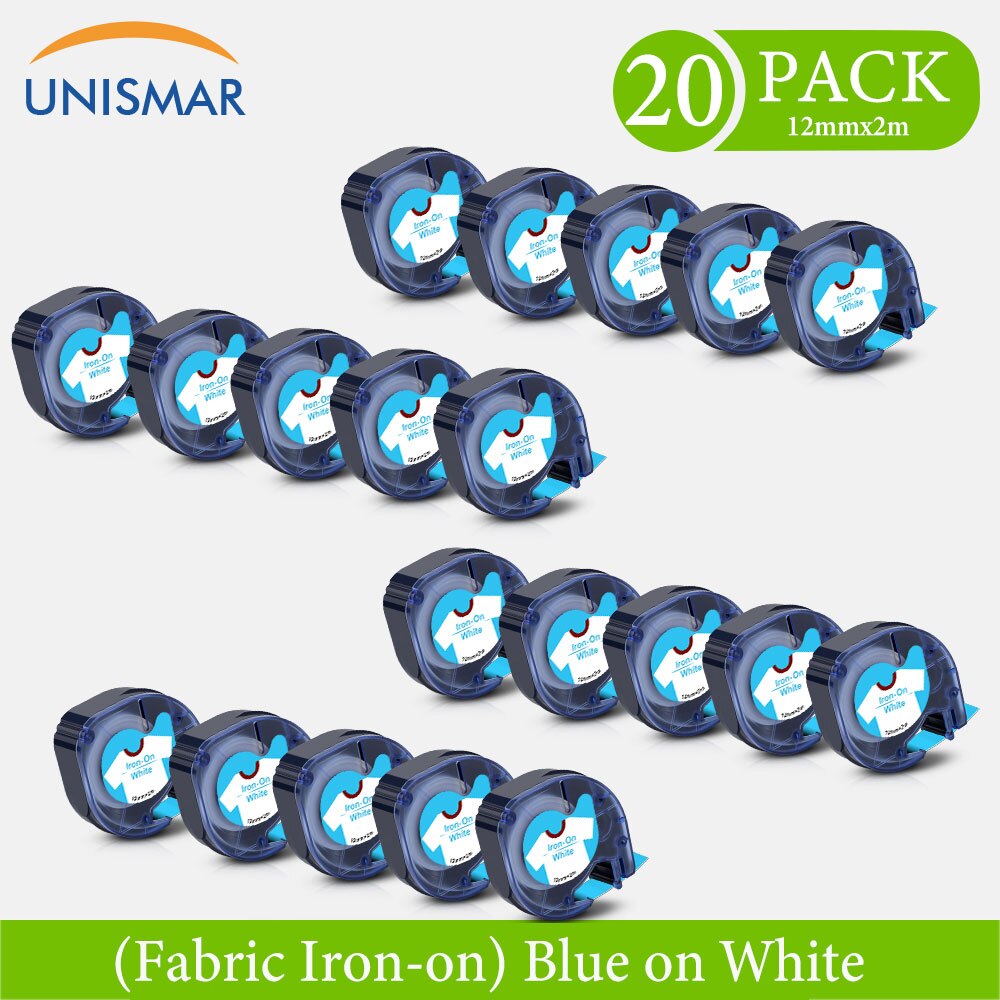 Unismar Fabric Iron-On Label Tape - 12mm x 2m - Compatible with Dymo LetraTag Printers: 20PK Blue on White