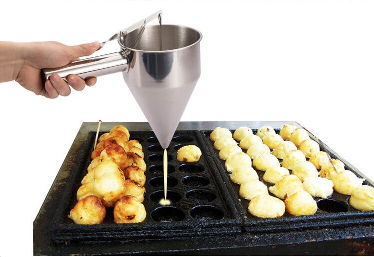 1 pieza de acero inoxidable pulpo bolas cono de huevo embudo Waffle Maker herramienta con estante dispensador de jarabe de azúcar para pastel PH 001