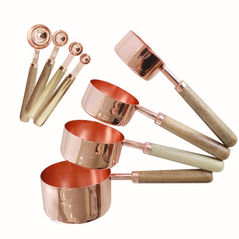 Juego de tazas cucharas para medida, mango de madera, cuchara medidora de Metal de acero inoxidable, accesorios de cocina, 4 Uds.