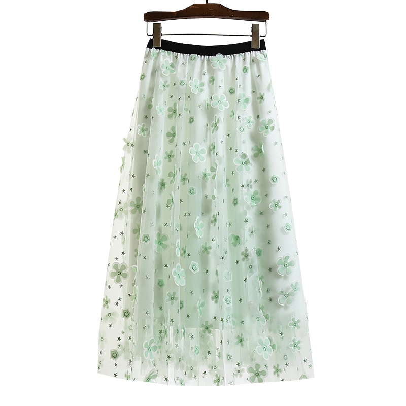 Falda de tul de gasa bordada para mujer, falda de malla plisada de cintura alta, con estampado Floral blanco coreano, 2022