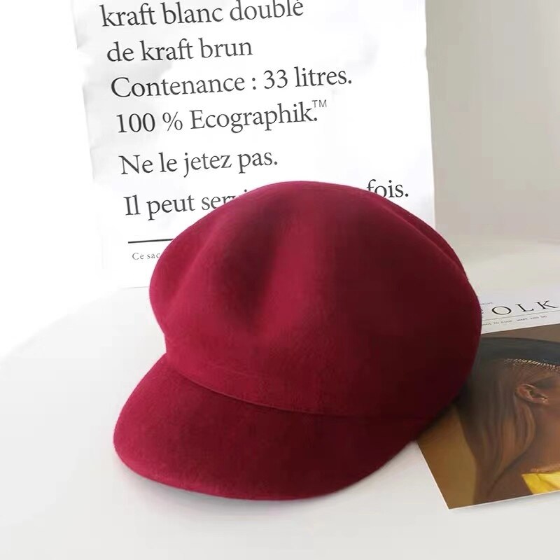 Tomkhu 100%  ullfilt vinter hestelue fast varmere kvinner beanies lokk klassisk fransk stil beret femme beanies damer lokk: Rød