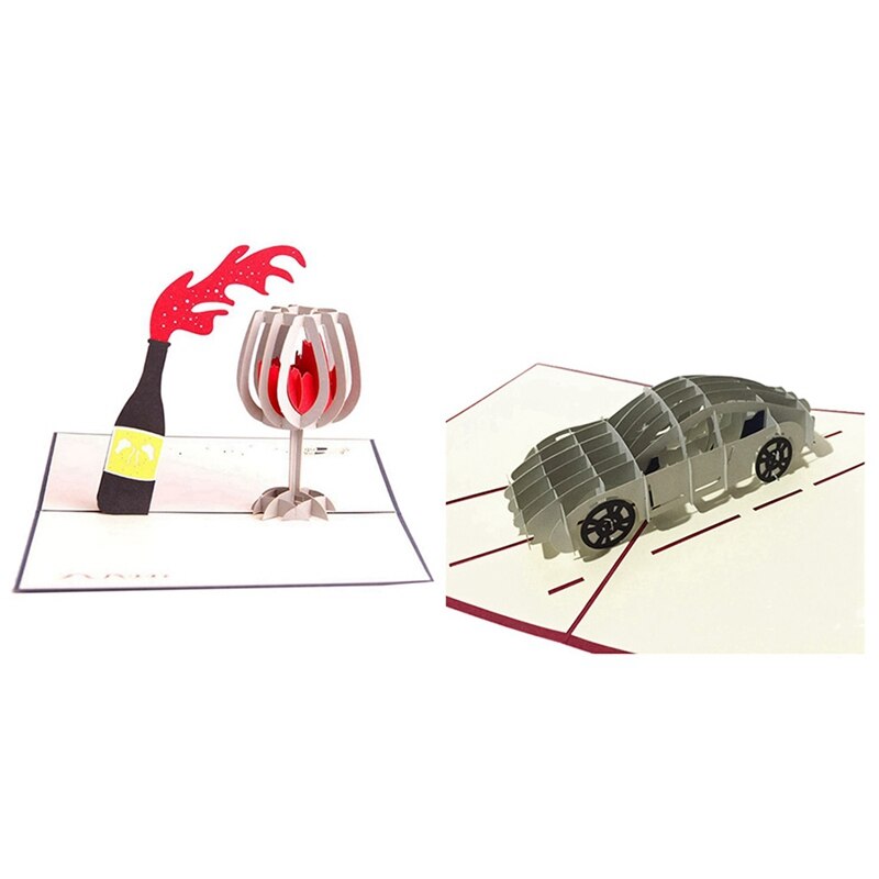 2 Pcs Handmade 3D -Up Birthday Cards Greeting Cards, Red Wine & Sports Car