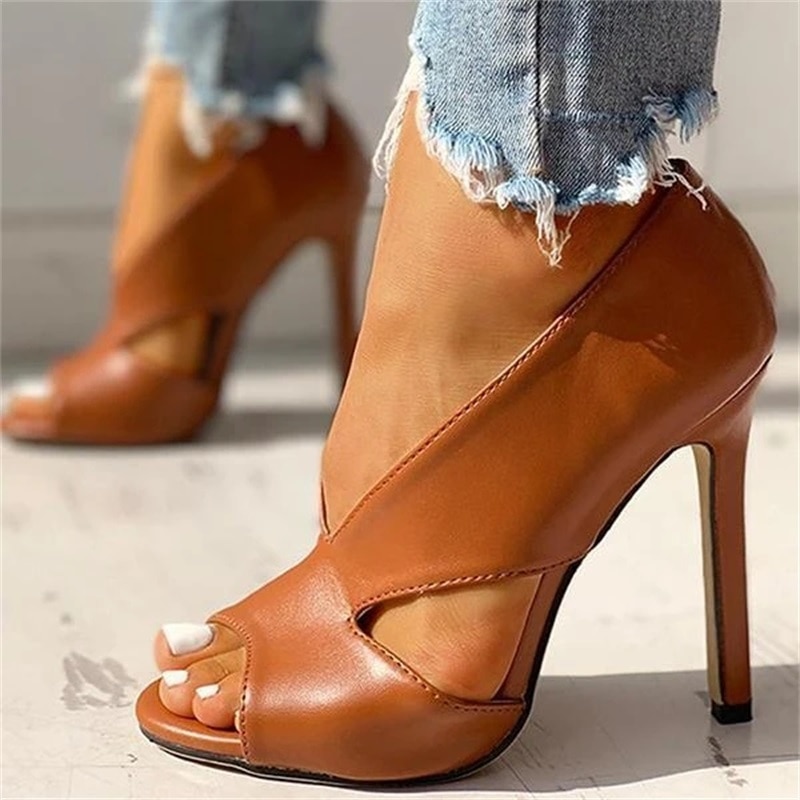 Sommer pumps sko ensfarvet afslappet åben tå super høj hæl fiskehoved pumps størrelse 34-43 kvinder kvindelige pu sandaler: Brun / 36