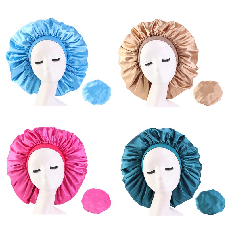 Bonnet de nuit en Satin pour les cheveux, style américain, pour dormir, rond, uni, élastique, populaire, Extra Large, chimio, Turban européen,