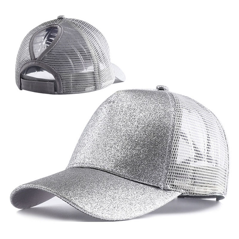 Gorra de béisbol con cola de caballo alta y purpurina para mujer, gorra Snapback informal de malla negra, blanca y rosa, Gorras de camionero para mujer 2023