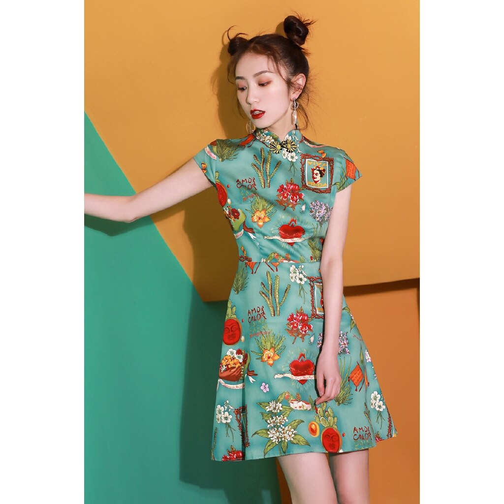 and improved cheongsam print dress chinese traditional dress for women cheongsam