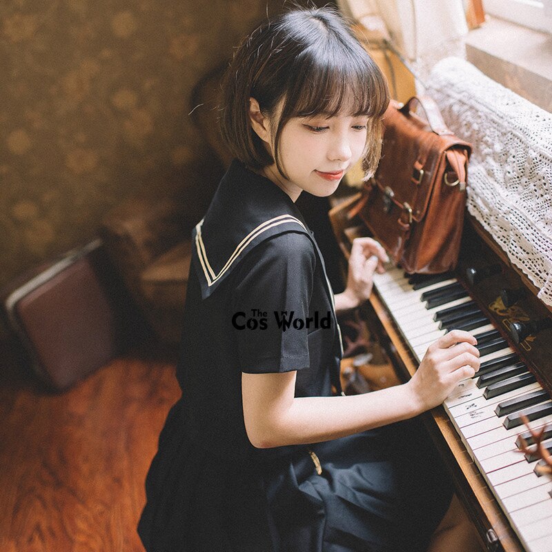[The Night Meteor] Black Summer Navy Sailor Suit Tops Skirts JK High School Uniform Class Uniform Students Cloth