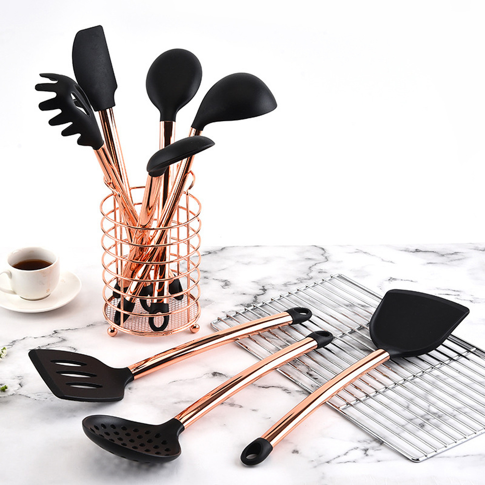 10/11pcs Rose Gold Stainless Steel Handle Kitchen Utensil Set Kitchen Set Silicone Nonstick Heat Resistant Cooking Kitchen Tools