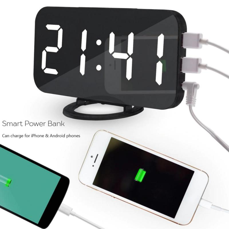1PC Digital Mirror Clock Automatic Dimming Clock LED Mobile Phone Charging Alarm Clock Snooze Display Time Clocks
