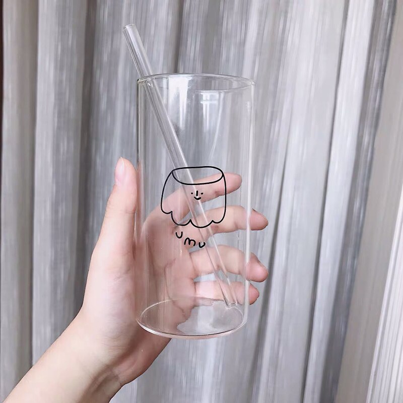 Cute Fruit Printed Glass Mug Cup Heat-resistant Milk Juice Glass Water Cup with Straw Beer Coffee Cup Whiskey Lemon Tea Mugs