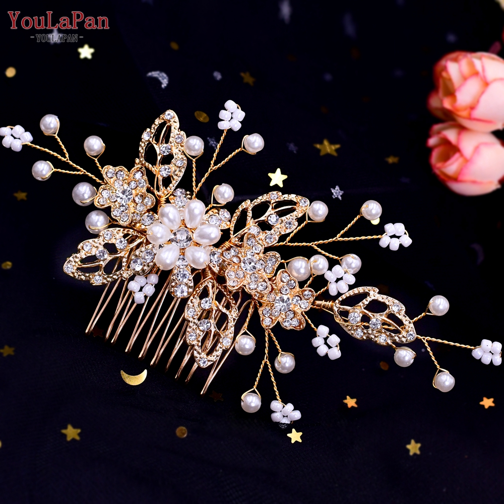 Topqueen HP77 Bruiloft Tiara Bridal Kammen Strass Bruiloft Hoofddeksels Bruiloft Haar Accessoires Bruids Hoofdtooi Bruiloft Haar Kam: HP342-Gold