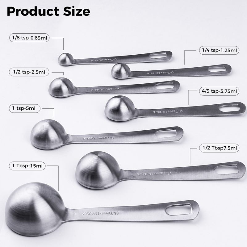 Cucharas medidoras de acero inoxidable, juego de 7 cuchara de medir apilable para ingredientes secos y líquidos, grabado marcado para cocinar al horno Sp