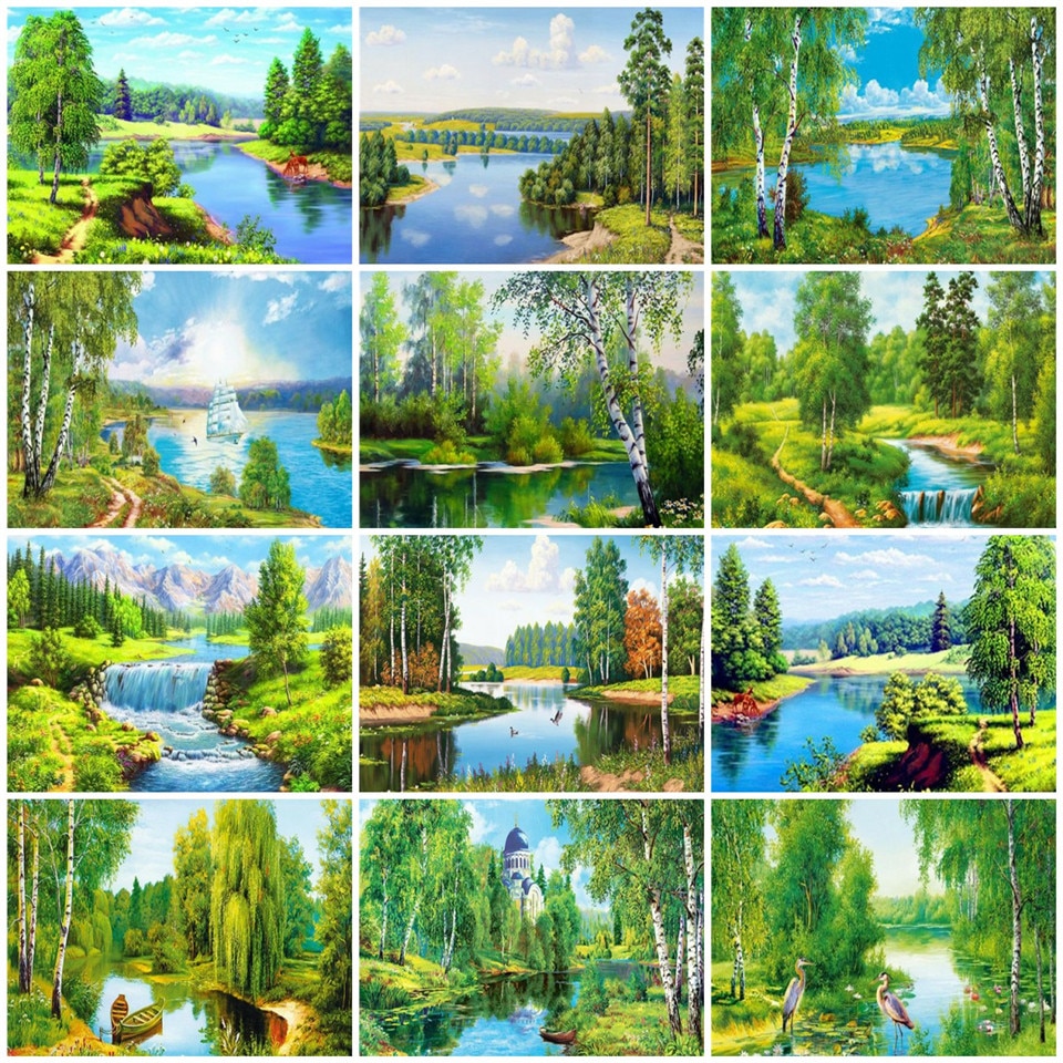Azqsd kleuren op nummer natuur landschap acryl afbeeldingen olieverfschilderij op nummer meer schilderpakketten woondecoratie