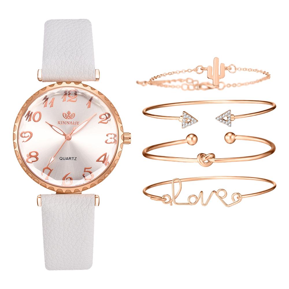 Leather Watches Women Bracelet Set 5PCS Simple White Band Causal Dress Clock Ladies Sports Wrist Watch: White Set