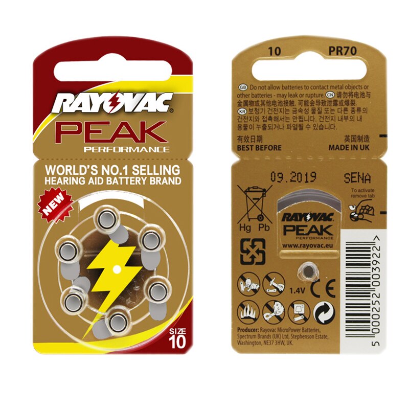 Pilas para audífono RAYOVAC PEAK-A10/PR70/10, batería de aire de Zinc de 1,45 V, diámetro de 5,8mm, espesor de 3,6mm, 6 uds./1 tarjeta