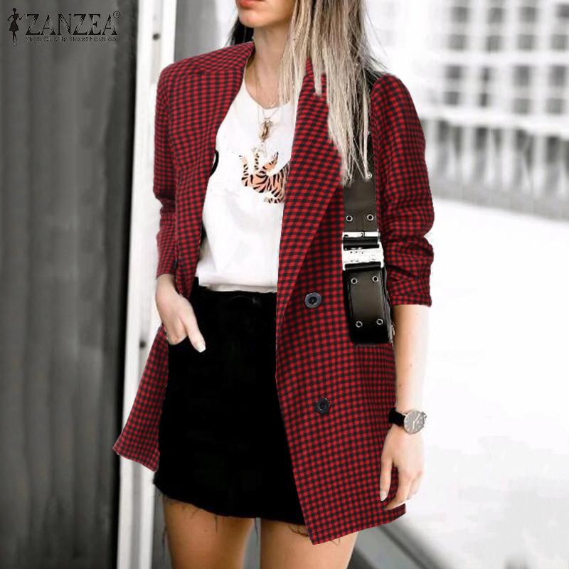 Zanzea kvinner rutete rutete blazer kontor dame uformelle lommer blazer feminino jakkeslag knapper chaqueta yttertøy pluss str.