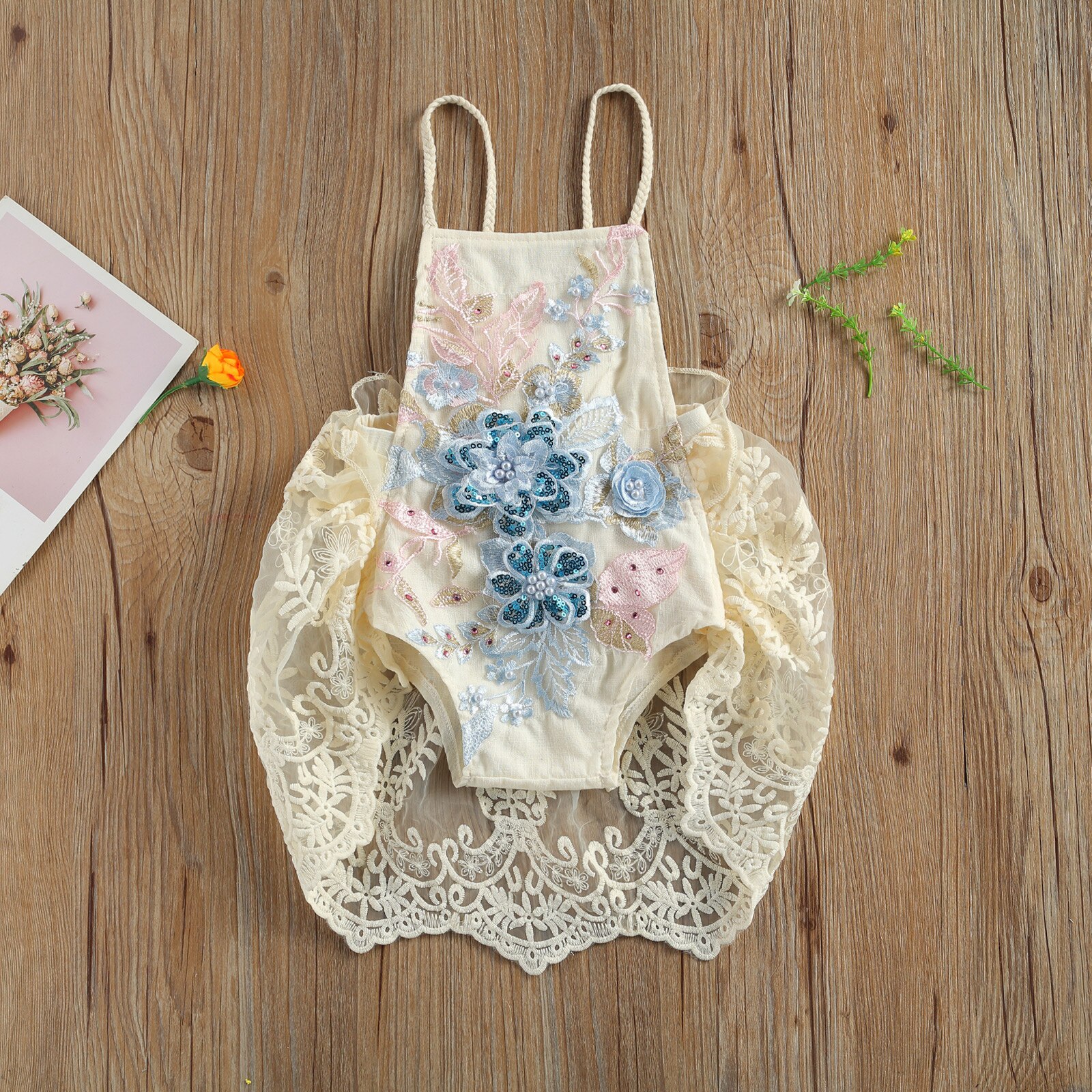 0-24m Baby-mädchen-jungen-strampler, einteilig, mit blumenmuster, spitze, perlenprint, ärmellos, rüschen