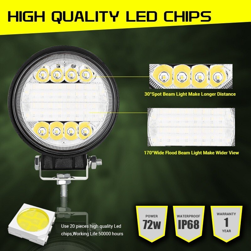 Car LED Work Lights Bar Off Road 72W Light Beam 4.4inch Combo Additional Fog Light for SUV ATV Boat Tractor Working Light ramp