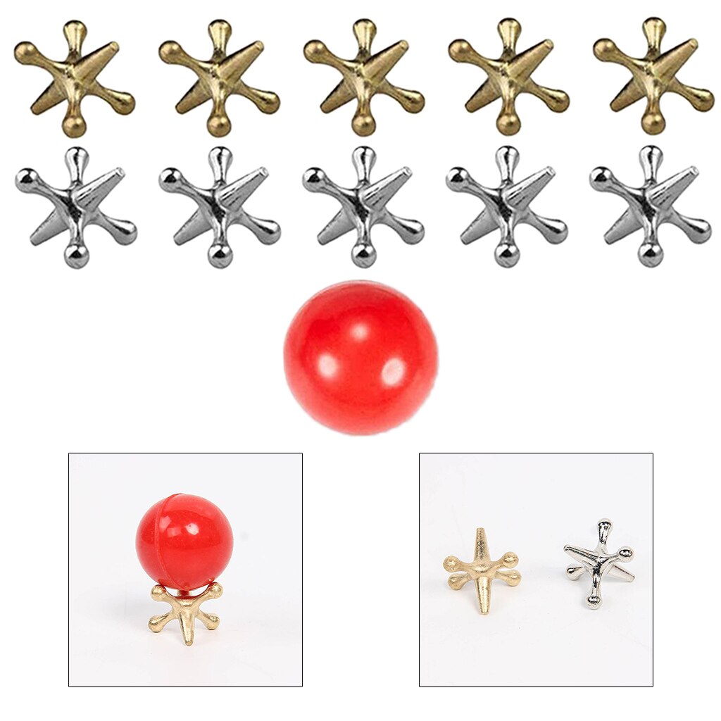 Jack Games- 10 Stuks Goud En Zilver Metalen Aansluitingen 1 Rode Rubber Bouncy Ballen Klassieke Spel Van Aansluitingen Voor party Favor Kinderen En Volwassen