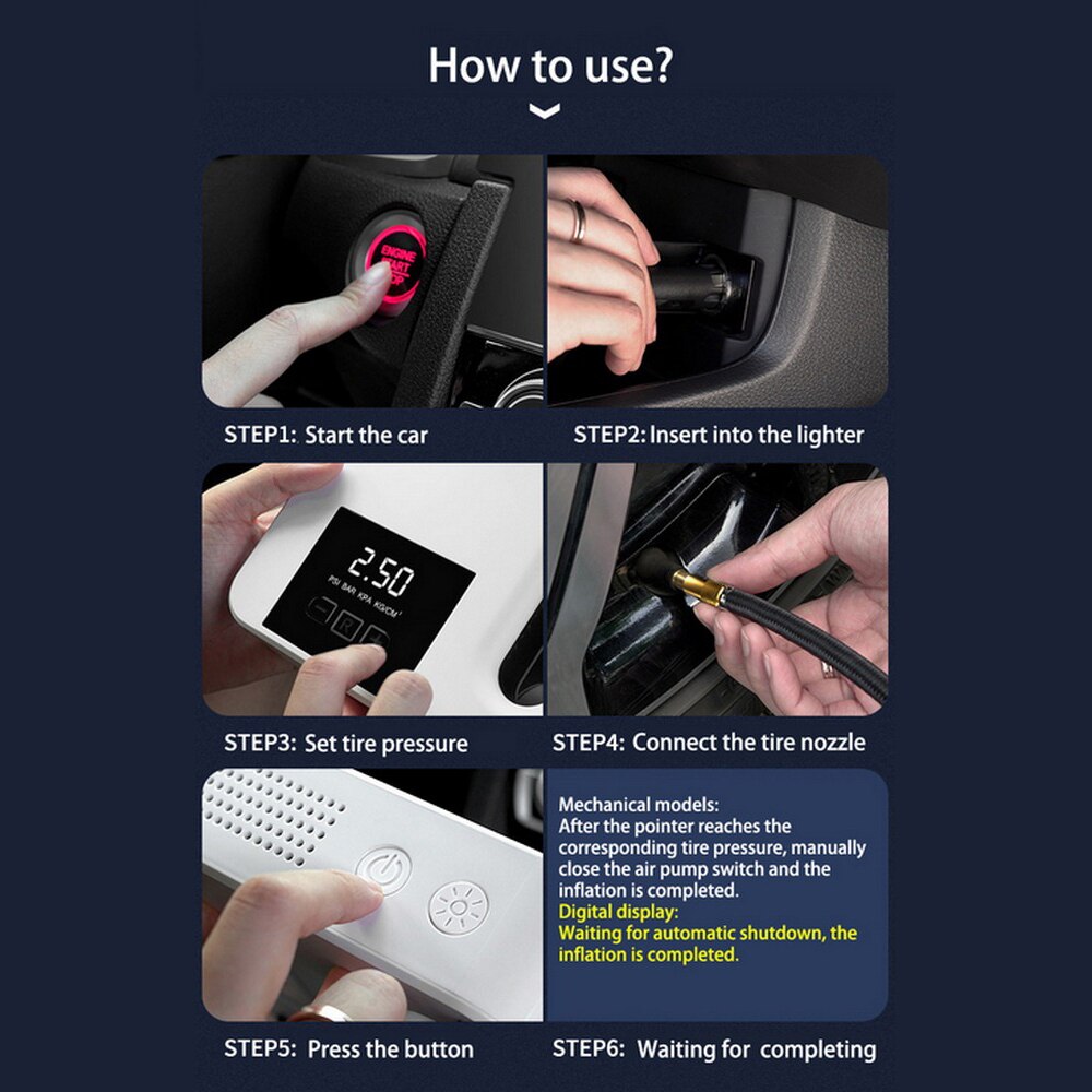 Portable Air Compressor Tire Inflator Car Tyre Air Pump Digital Pressure Gauge Bright with Emergency Flashlight