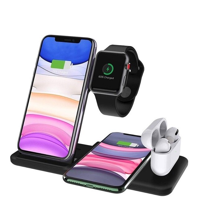 15W 4 In 1 Qi Snelle Draadloze Oplader Voor Iphone 12 11 Xs Xr X 8 Opladen Dock Station stand Voor Airpods Pro Apple Horloge 6 5 4 3 2: Style 01 15W Black