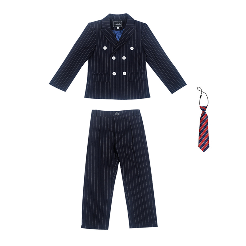 Boy Striped Suit Jacket Kids Formal Tuxedo Dress Double breasted Clothes Sets Child Wedding Morning Coat Blazer Pants Costumes: 3 Pcs Sets / 160