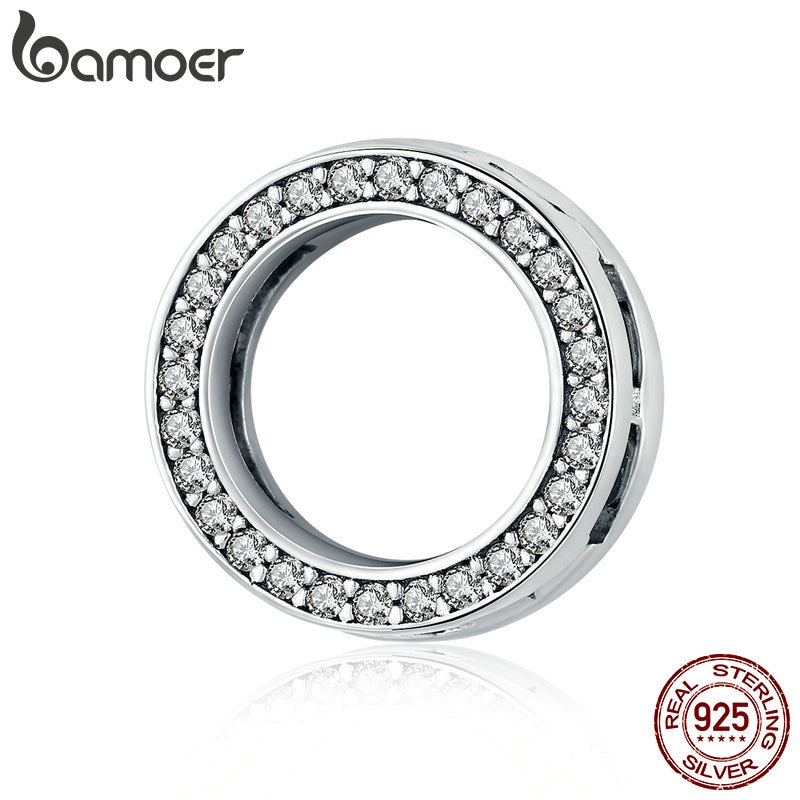 Bamoer autentisk 925 sterlingsølv klar zirkon runde cirkel perler charm fit kvinder armbånd diy smykker scx 101